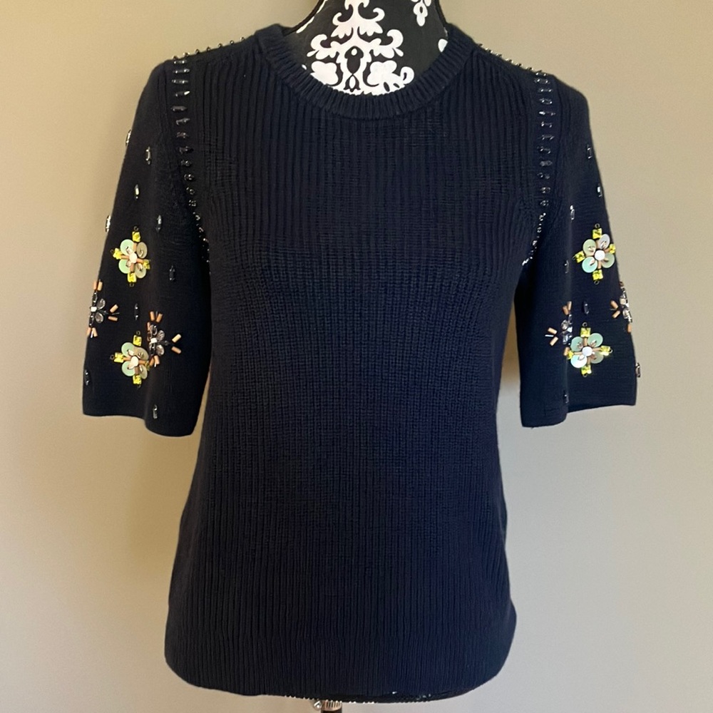 Gorgeous navy cotton blend short sleeved sweater with bling on & around sleeves - Picture 1 of 10